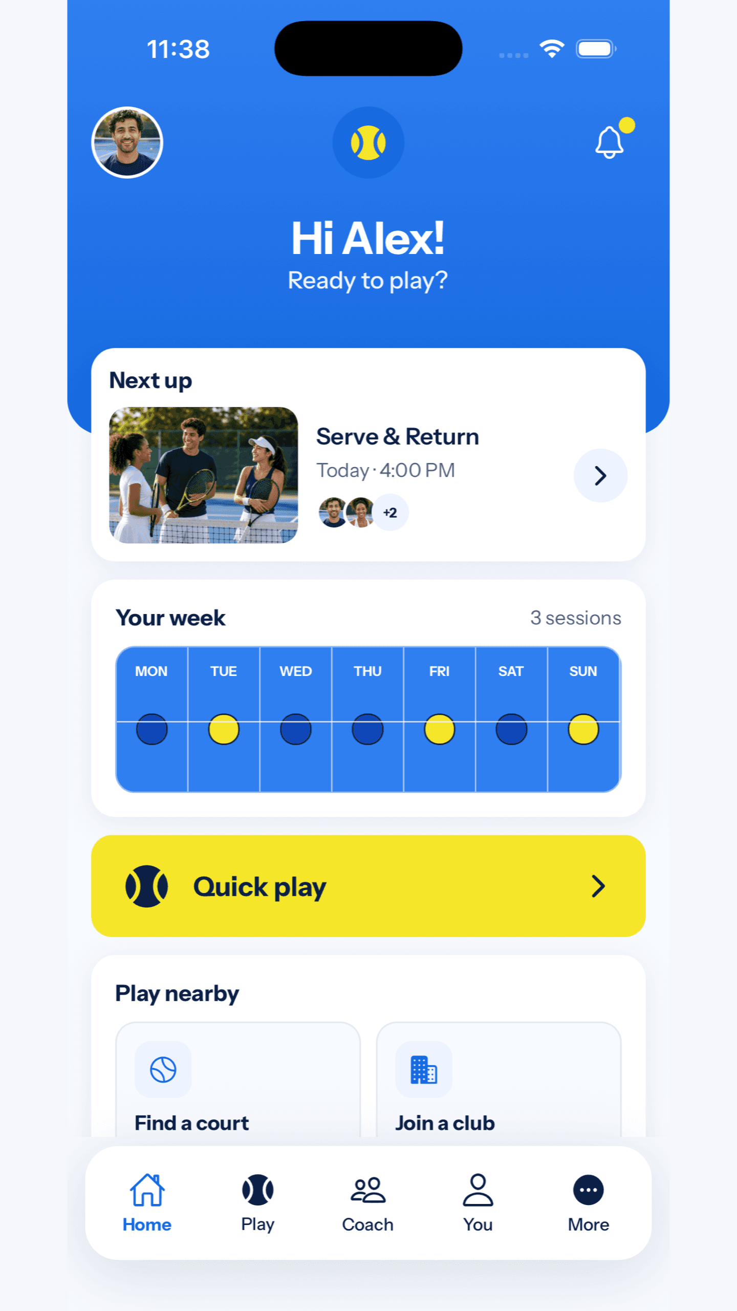 Tennis Together home showing the next session, weekly activity and quick play