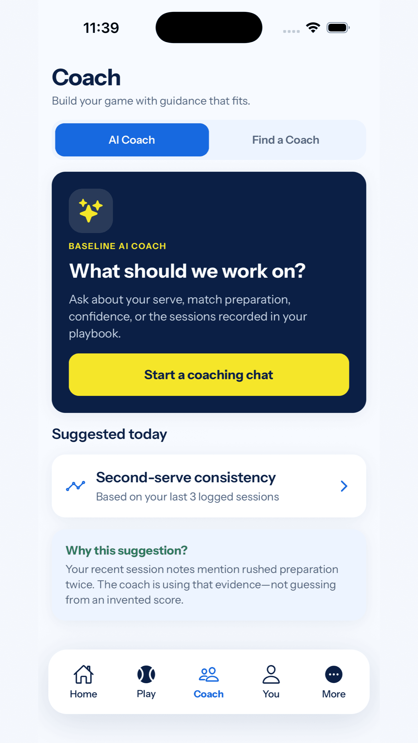 Tennis Together AI coach screen