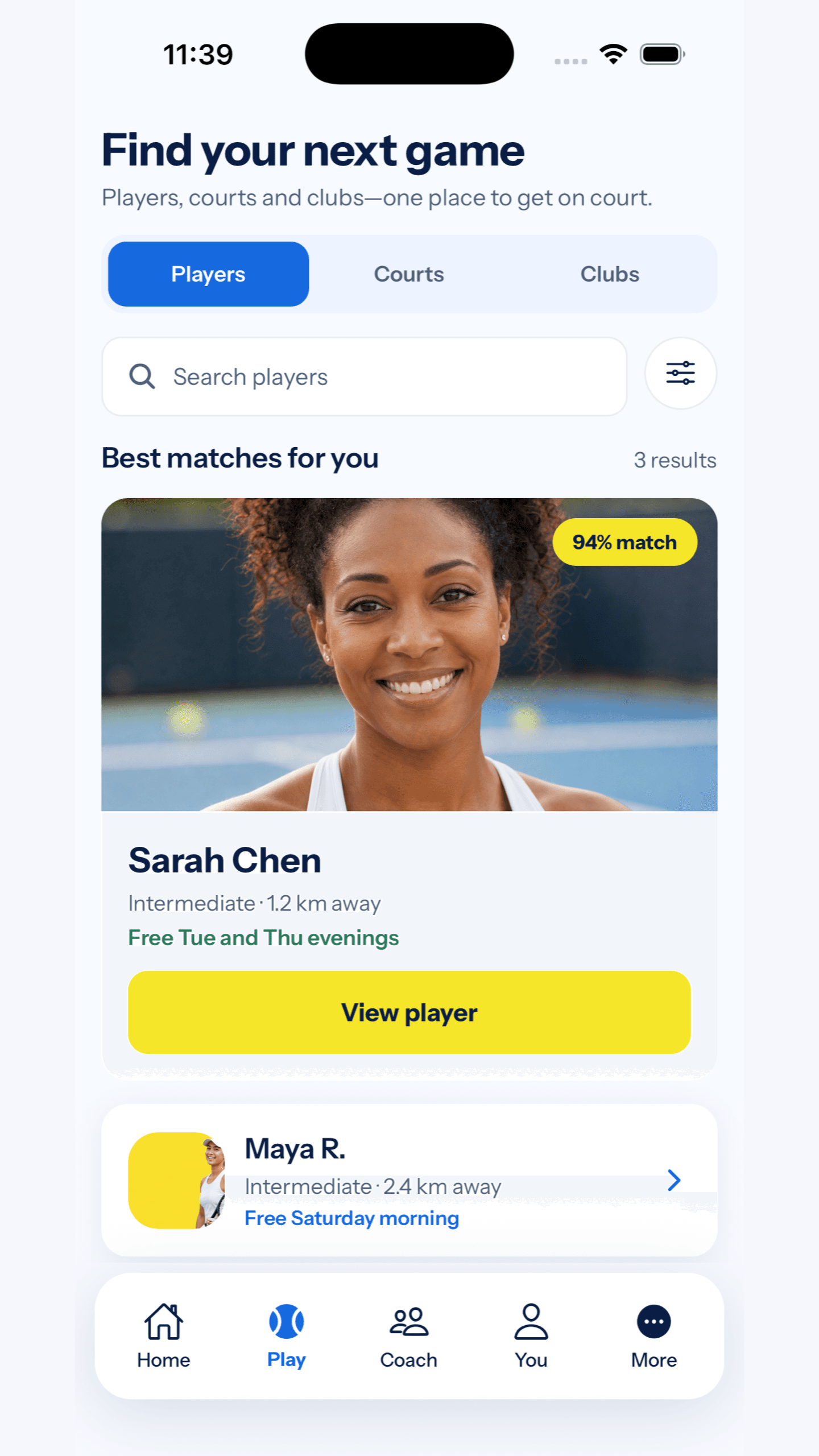 Tennis Together player discovery screen