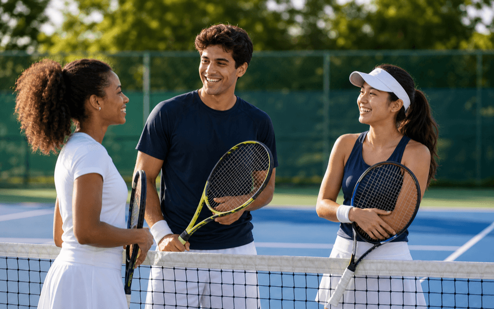 Three players talking together across a tennis net